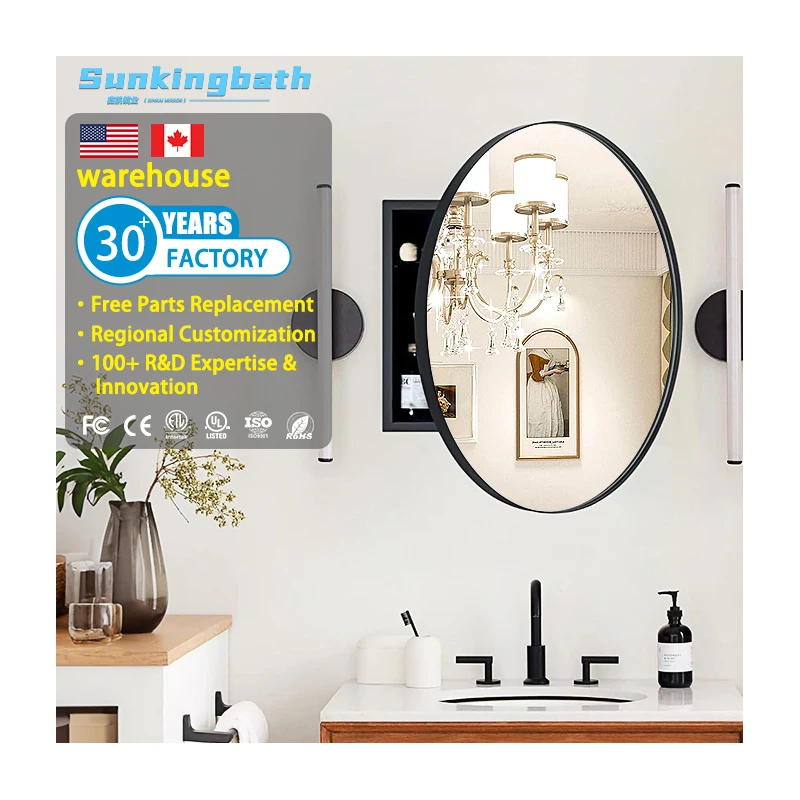 24 X 24 Inch Medicine Cabinet Mirror Black Aluminum Framed Round Mirrored Medicine Cabinets for Bathroom Adjustable Shelves