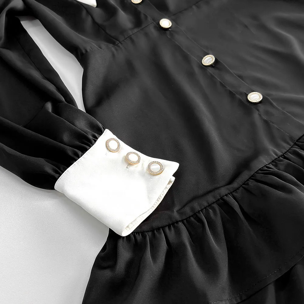 Enyami Women Lady Elegant French Patchwork Slim Fit High Waist Buttoned  Long Sleeve Ruffle Short Dress Fall Black Casual Dresses