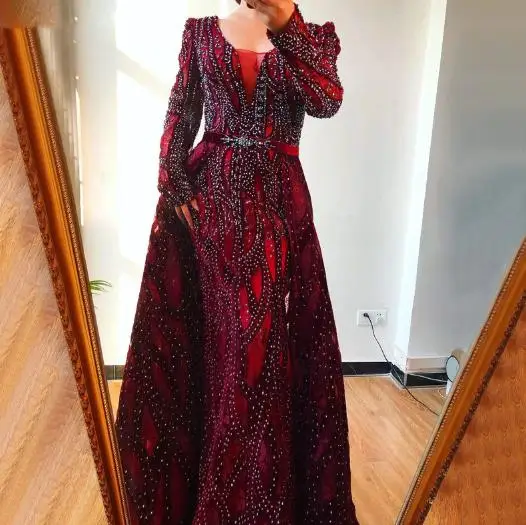 Luxury Lace Beaded Long Sleeves Dubai Dark Red /Wine Wedding Dresses B –  Siaoryne