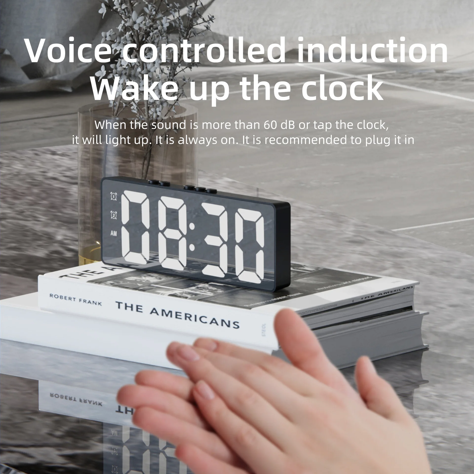 Voice Control Hand Clap LED Mirror Electronic Alarm Clock 3D Digital Desktop 4 Digital USB Night Light Timer Clock
