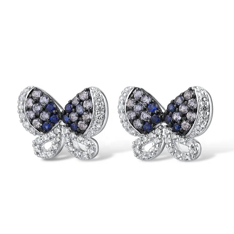 Hot Elegant 925 Sterling Silver Cluster Natural Zircon Butterfly Stud Earrings