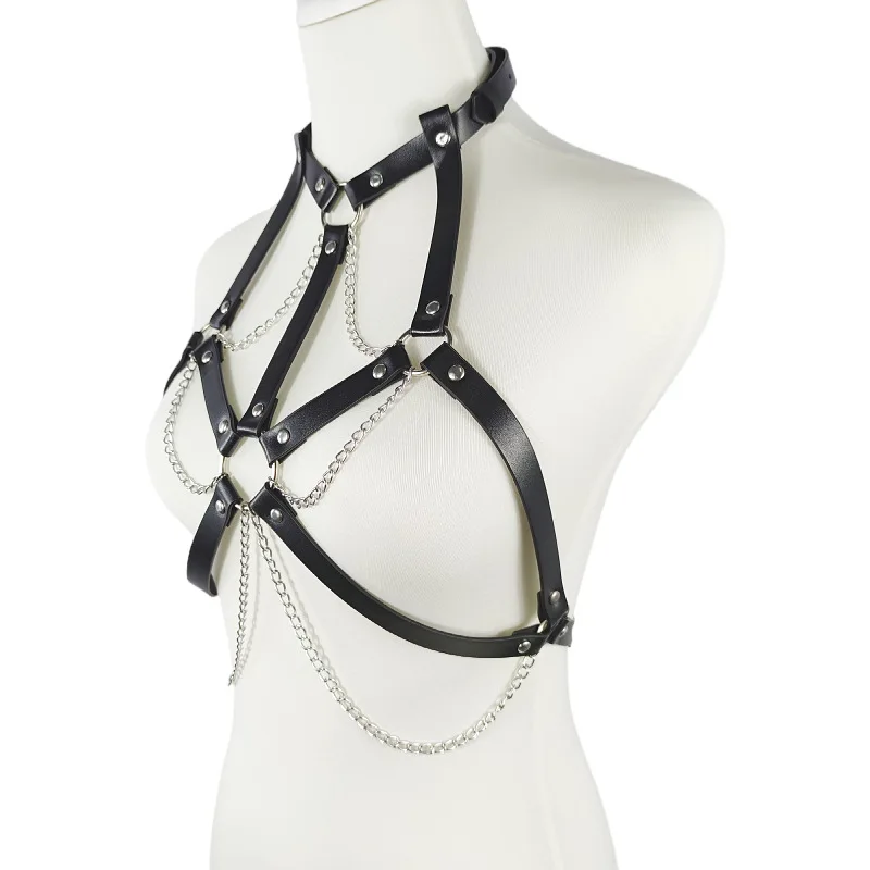 Großhandel Goth Bdsm Frauen Leder mehrschichtige Quaste Harness Körperkette dicke Kette BH Brust Halskette Sexy Dessous_voghion.com