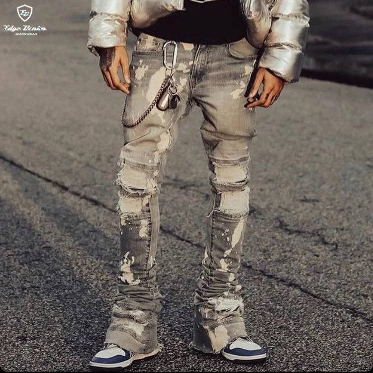 EDGE DENIM Custom Top Quality Tie Dye Skinny Fit Long Super Stacked Flare Jeans Men