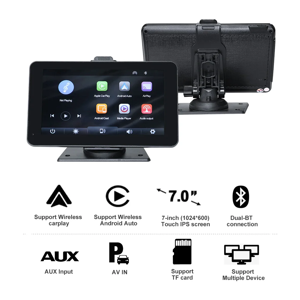 7インチポータブルオートラジオ Carplay対応、カメラ付きDVR