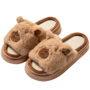 Cute Fluffy Kapibara Open Toe Bear for Slippers for Women Soft Plush Lining Comfortable Home Indoor Anti-Slip Light Weight Comfy