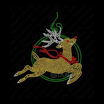 Reindeer in Circle Christmas Rhinestones Transfer Bling Motif Hotfix Merry Christmas Rhinestone Transfer For T-shirt