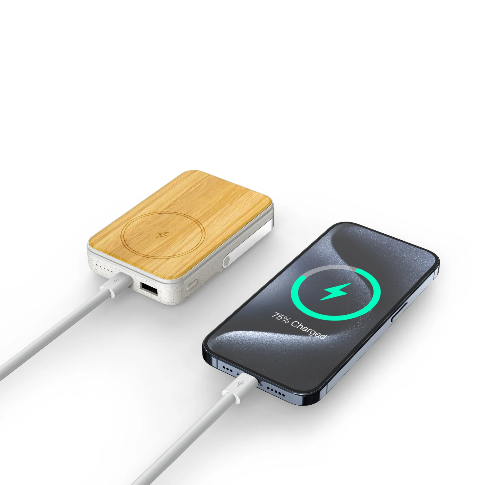 Electronics Fast Charge Powerbank 22.5W Wireless Wheat and Bamboo Magnetic Power Bank 10000mAh with Foldable Holder for Phone