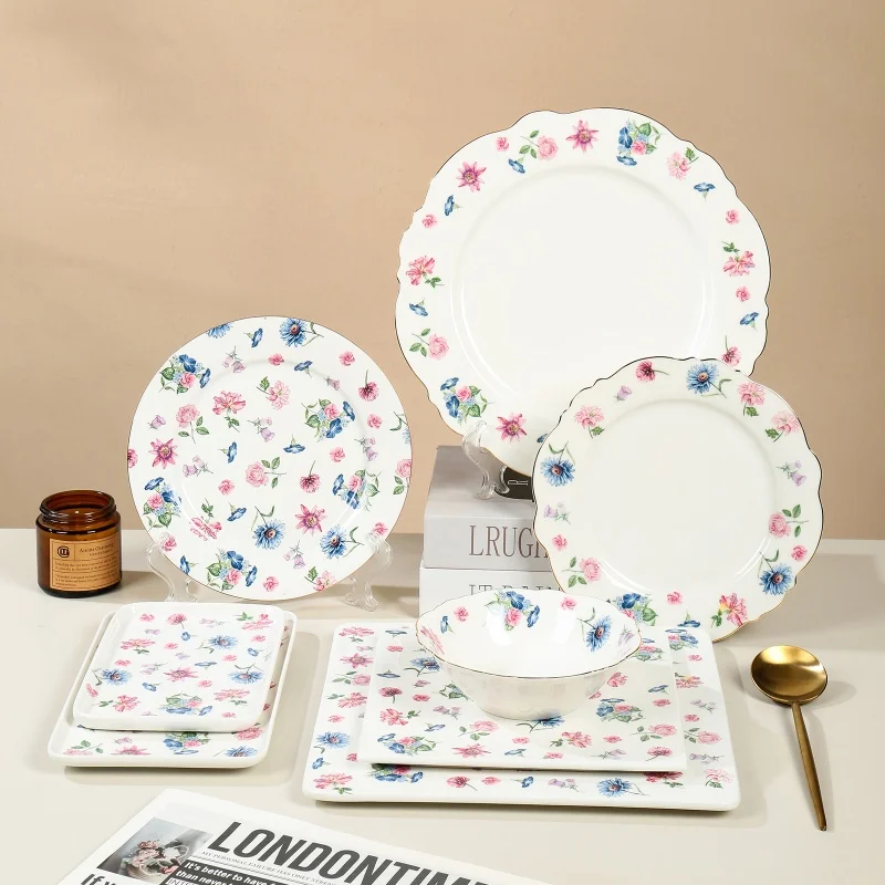 Wholesale Floral Ceramic Customized New Bone China Porcelain Dinnerware Tableware Dinner Set