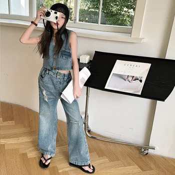Girls 2024 Spring and Summer retro blue jeans New High waist slimming wide leg pants vest two-piece set