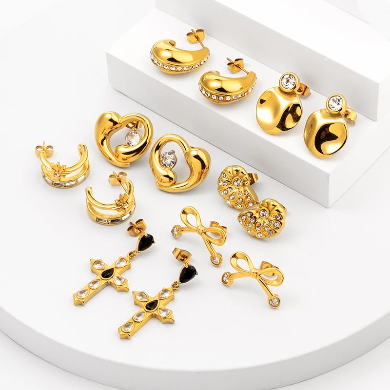 Non Tarnish Stud Earrings PVD 18K Wholesale Tarnish Free Gold Jewelry  Waterproof Stainless Steel Jewelry Set