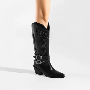 Moncheer Women's Western Cowboy Boots with Double Buckle Straps Black Embroidered Knee-High Boots