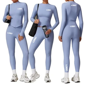 Custom Winter Full Zipper Fitness Jacket Set Fleece Gym Jackets Women 2 Pcs Tracksuit Long Sleeve Ladies Sport Jacket