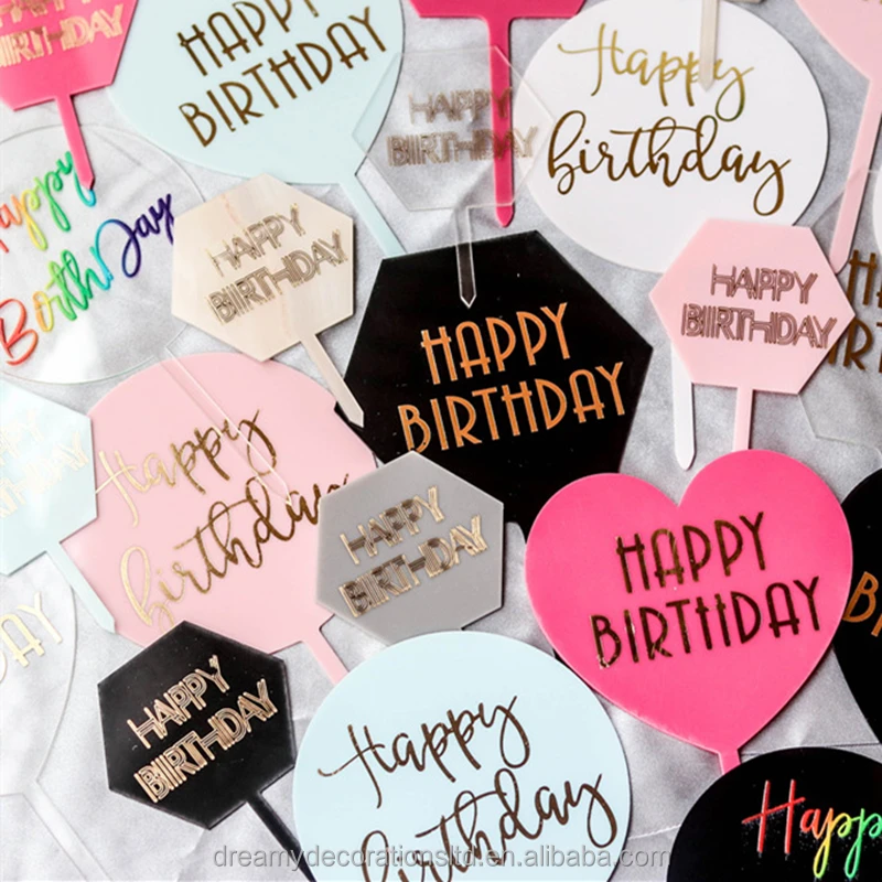 Mixed 30 Designs Happy Birthday Circular Acrylic Cake Cupcake Topper with Gold Embossing