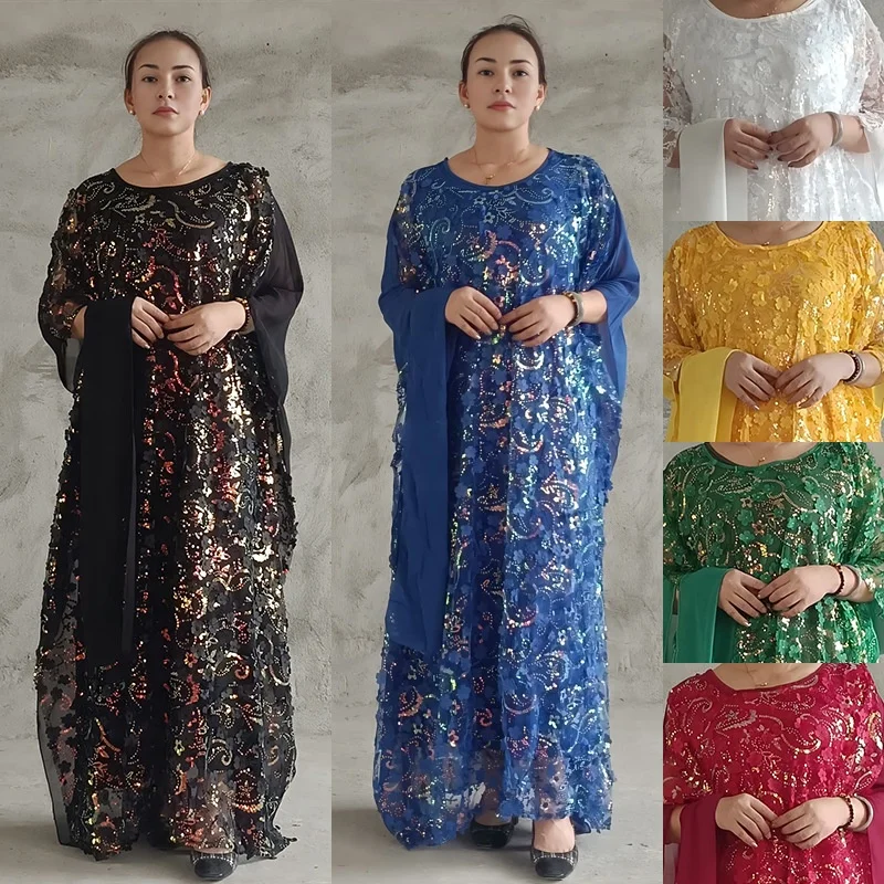 sachin and babi light blue dress African Elegant Summer Casual Chiffon Lace Floral Batwing Dress Set With  Matching Inner Scarf Three Pieces Sets for Women K0693
