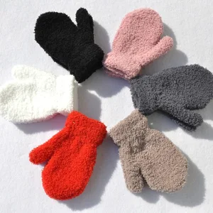 Custom Children Winter Knitted Warm Plush Thick Hand Protect Gloves Coral Fleece Solid Color Full Fingers Outdoor Kids Gloves