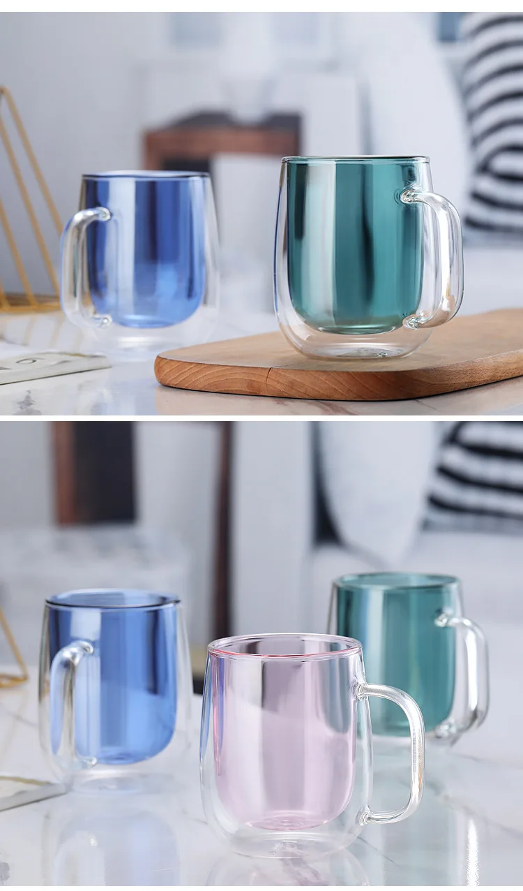 350ml hot selling high borosilicate glass double wall glass cups with colorful handle