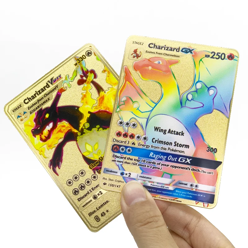Fast Shipping Custom New Trading Cards Game Charizard Pikachu Vmax GX Gold Card Metal Popular Pokemoned Playing Cards