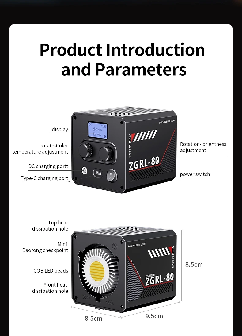 Jingying 80W COB Photography Studio 2500-6500K Battery Powered Handheld Portable LED Video Light for Video Live Streaming