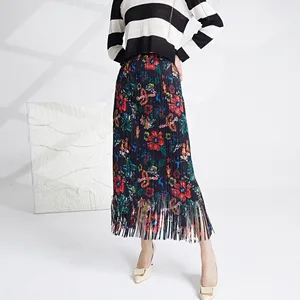 2025 Latest Aliexpress Hot Sale Summer Miyake Printed Pleated Skirt Woman Casual Style Tassel Long Pleated Skirt
