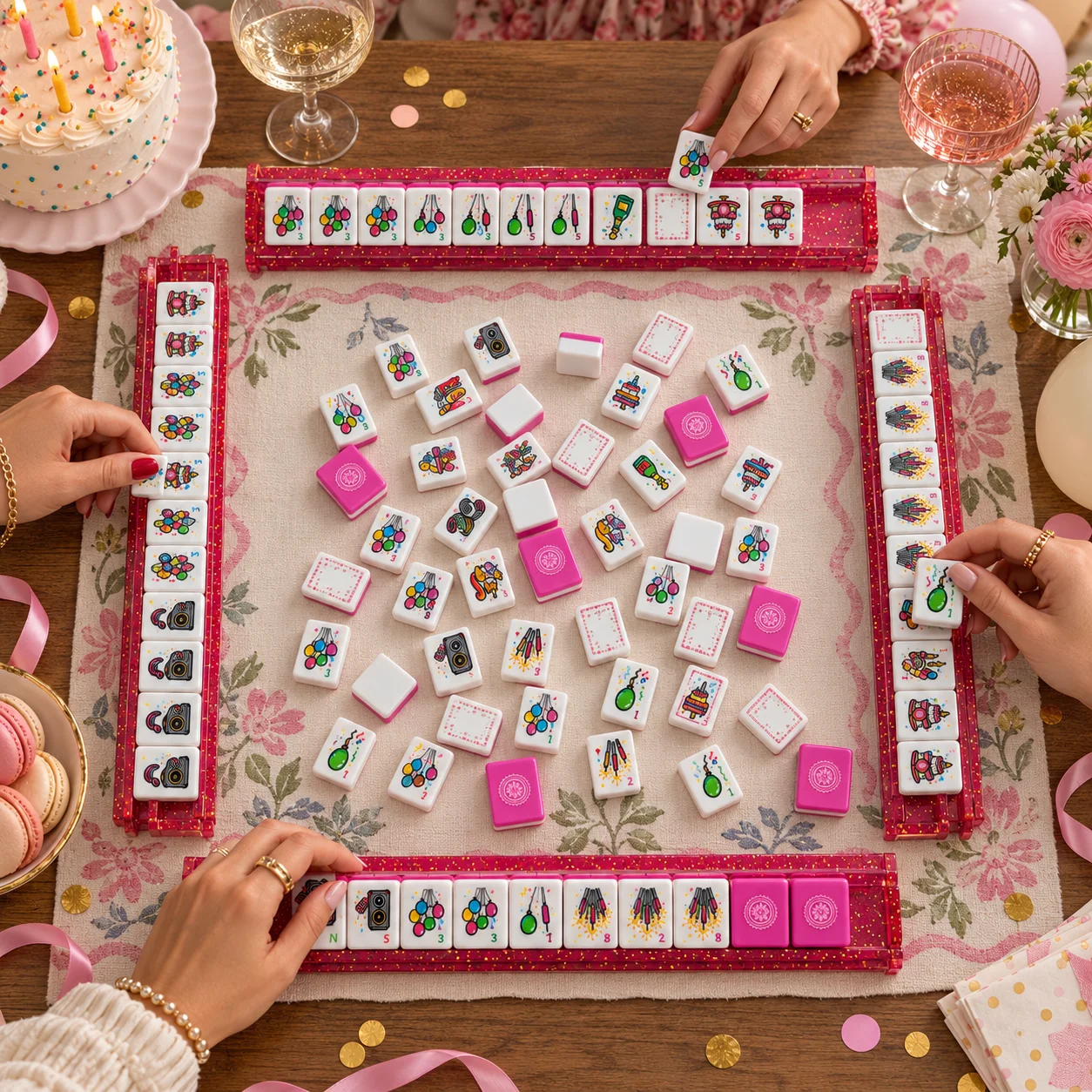 Luxury Custom Printed Mahjong Tiles Set, Pink Glitter Acrylic Tile Racks, Party Theme Mini Mahjong Game for Holiday Gift