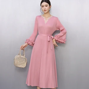 Women's Pink Pleated Midi Dress Long Ruffled Sleeve V-Neck Elegant Party Dress with Belt
