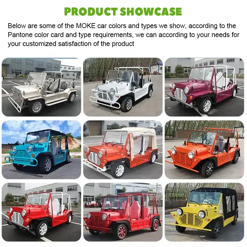 Classic Off-Road Tire Electric Mini Moke for Car Beach & Sightseeing Vehicle 96V 10KW 4 Passengers Customized Color