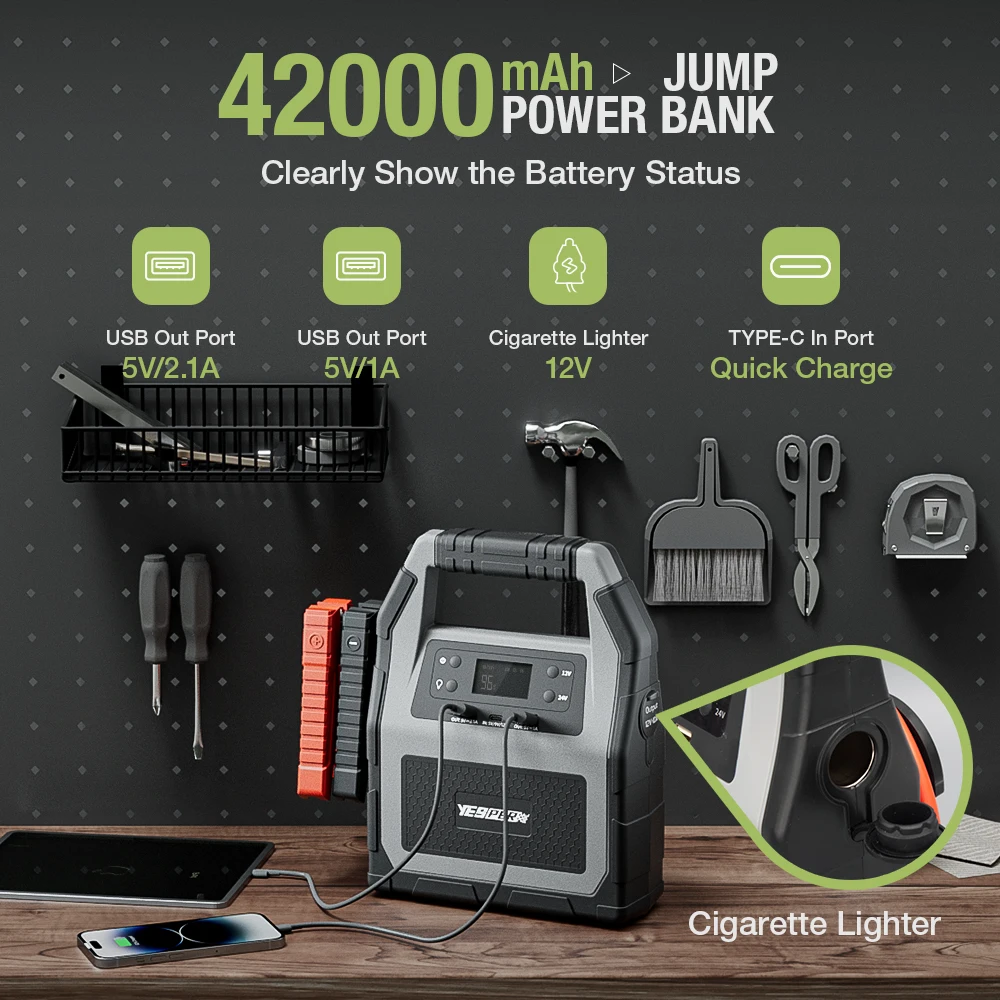 Yesper 99C 高性能ジャンプスターター 42000mAh 6000A 大型トラック対応
