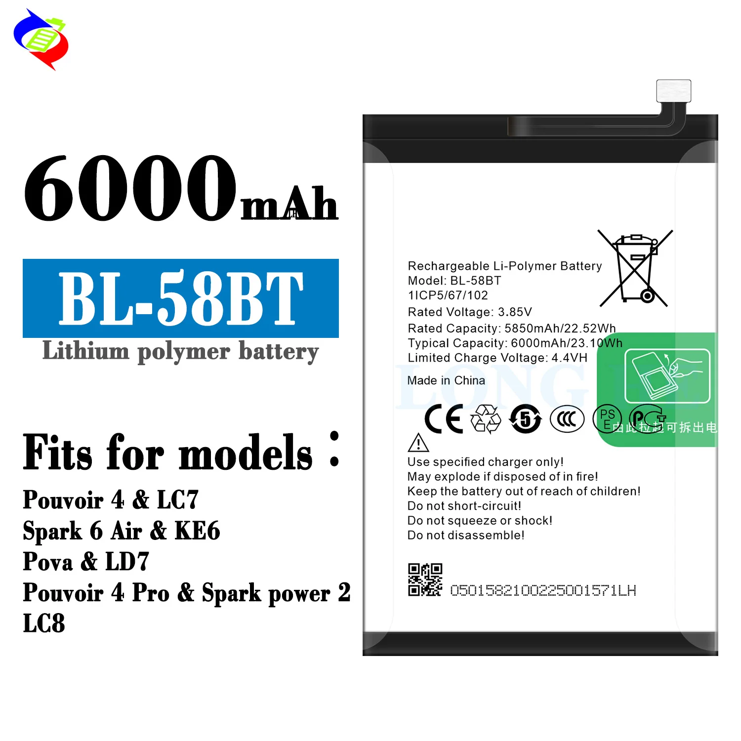 6000mah BL-58BT Battery for Tecno Pouvoir Pro Reliable Power