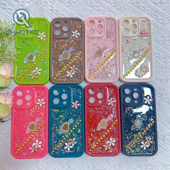 Bright color flowers golden pearl ornament epoxy case for iphone 14 pro max with camera protection
