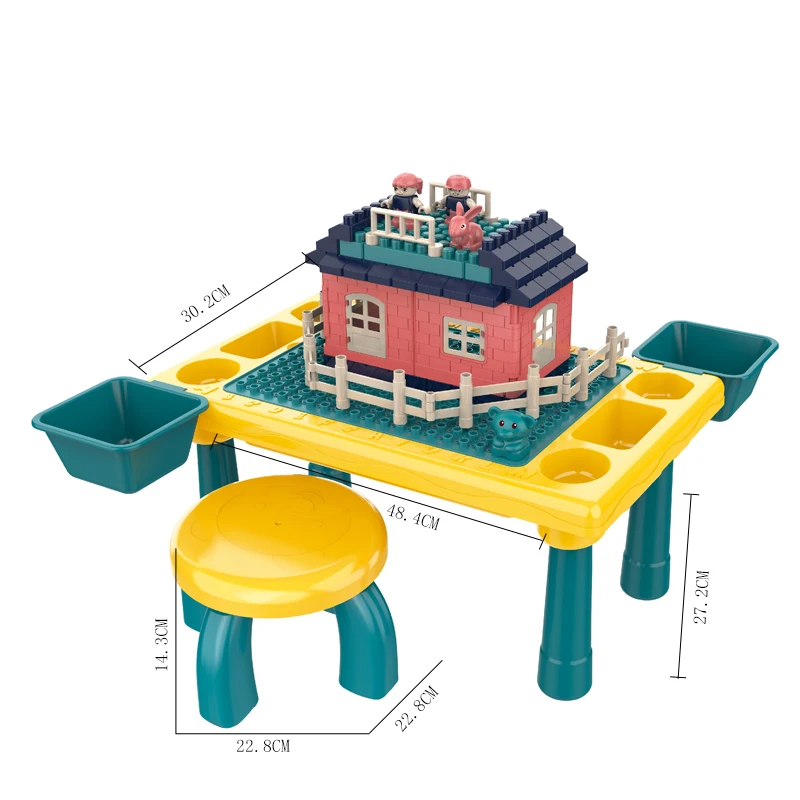 76pcs Plastic Large Particle Building Block Table Toys Set DIY Assembly Kindergarten Play Game Desk with Chair and Case