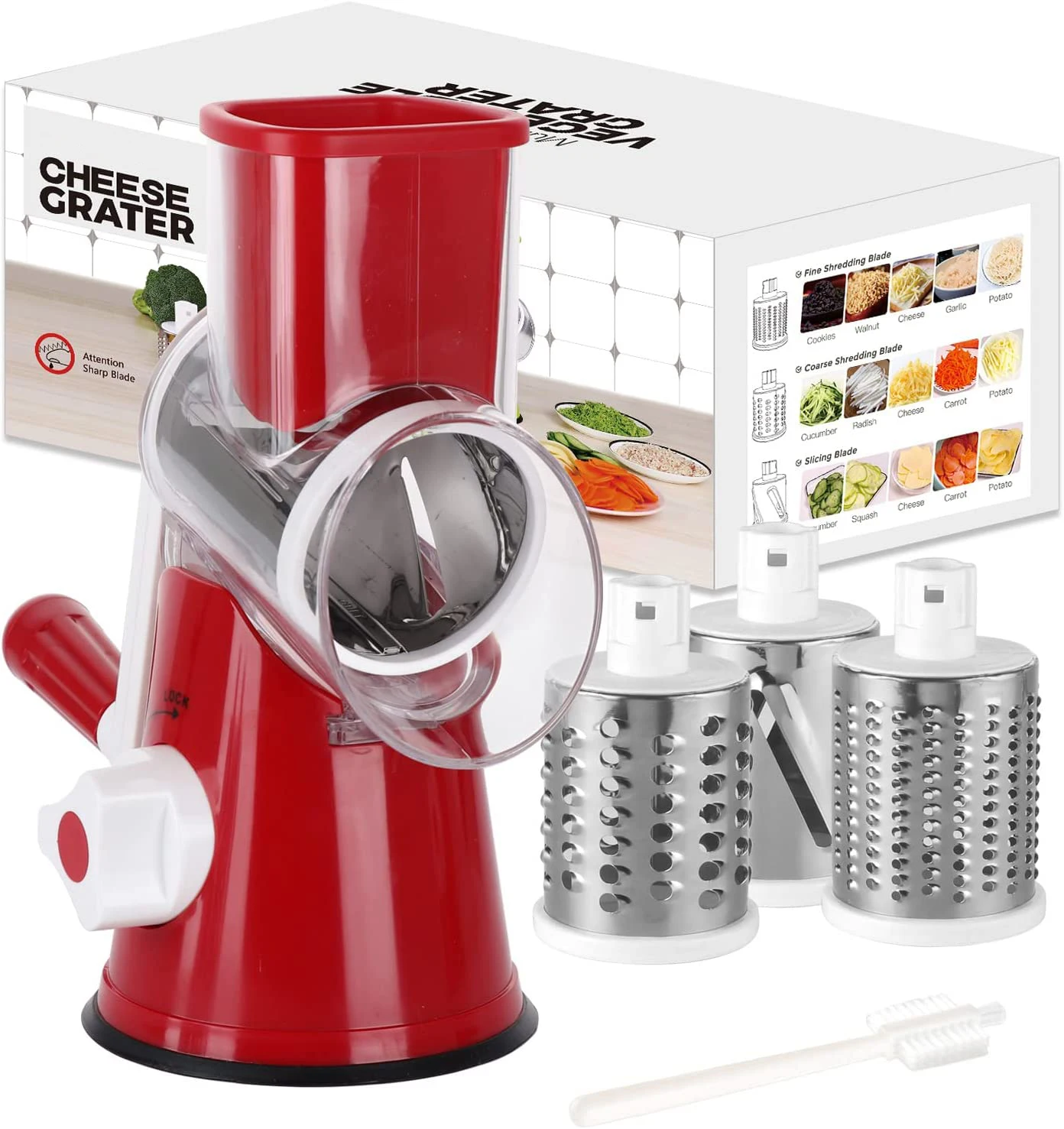 New Rotary Cheese Grater Shredder 3 Blade Drum Vegetable Slicer Potato