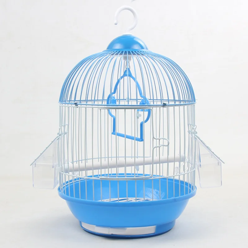 飾り鳥かご 丸い鳥かご、餌入れ付き、装飾的なカラフルな吊り下げ式金属製鳥かご