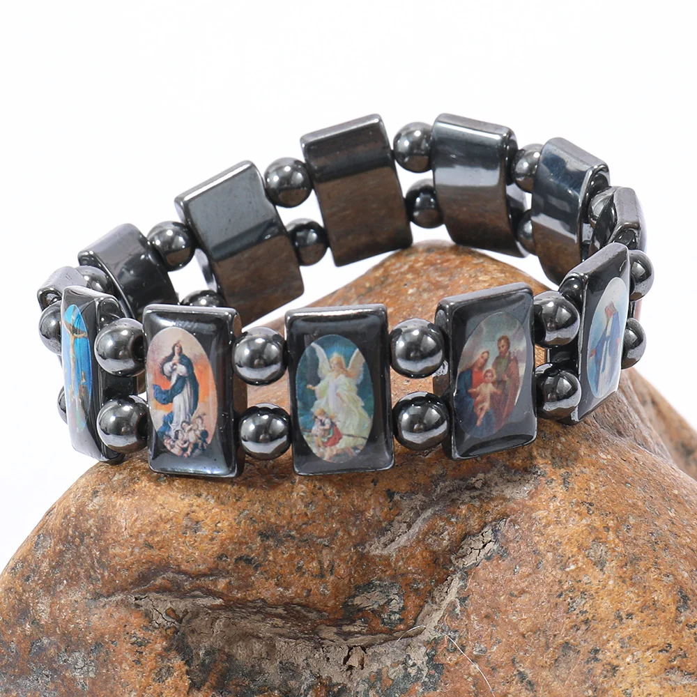 Magnetite Men Bracelet Dual Strand Religious Jewelry Holy Father Jesus Virgin Mary Gifts Catholic Healing Hematite Bracelet