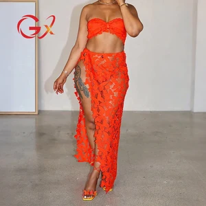 GX1950 Fashion 2026 Summer Clothes Vendor Nigh Club Wear Sleeveless Tube Tops and Lace Split See Through Skirt 2 Piece Set Women