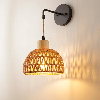 Rattan Wall Sconces Handwoven Boho Wall Lamp Shade Rustic Indoor Wall Mount Light Fixtures for Bedroom Nursery Living Bathroom