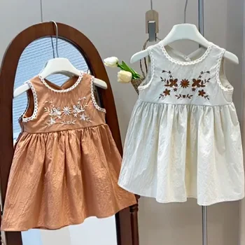 2024 New girls' sundress summer sleeveless embroidery loose backless children's dresses