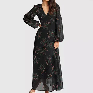 Lady Modest V-neck Long Sleeve Maxi Dress With Romantic Floral Print Chiffon Elegant Slim Women's Dresses