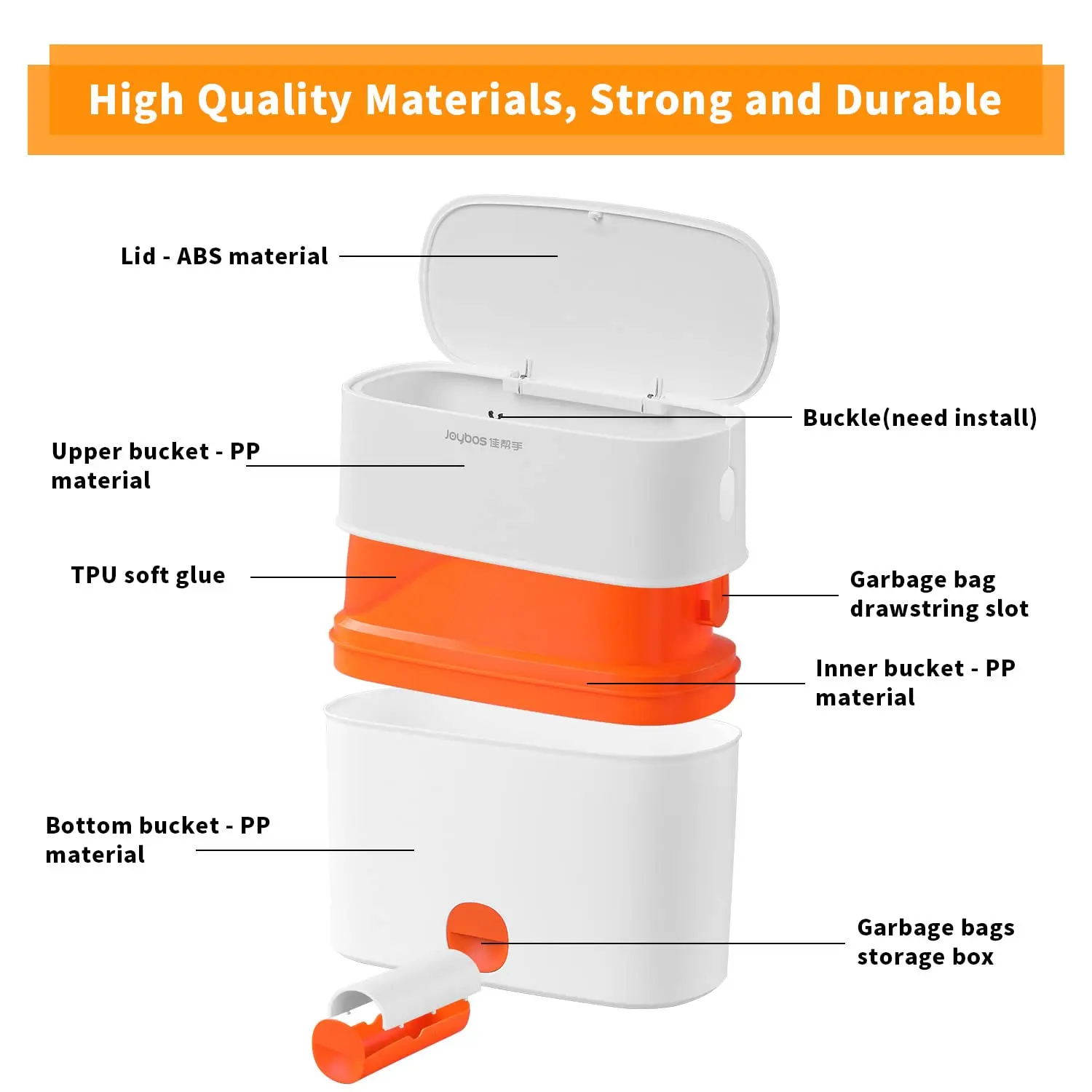 JOYBOS Adsorption Kitchen Trash Can with Lid Bathroom Wastebasket with Press Type 15L Dogproof Slim Plastic Narrow Garbage Can