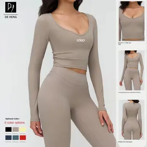 New Plus Size Women V-Neck T Shirt High Elastic Tight Slim Workout Fitness Sportswear Yoga Long Sleeve Tops for Womens