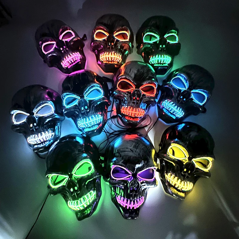 Wholesale Skull Full Face Mask Halloween Cosplay Horror Luminous LED Mask 10 Single Color for Choice Party Glow Mask