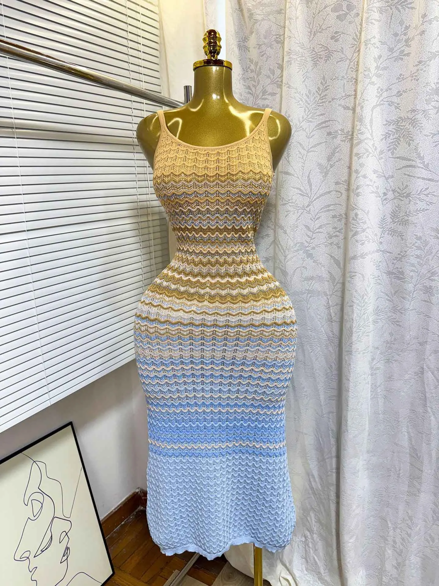 Halter Summer Knitted Bodycon Maxi Dress Women Fashion Rainbow Spaghetti  Strap Long Dress Lady Streetwear Vestidos Casual Dress