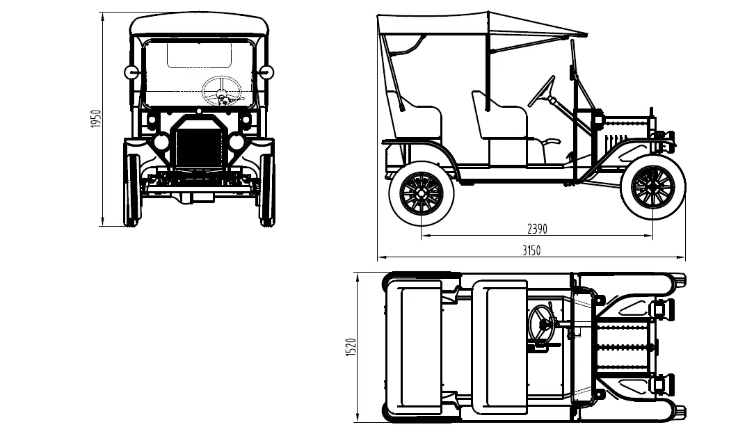 detail diamentions of ford model t golf cart