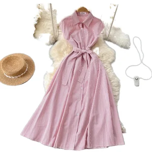 Customize Korean Fashion Empire Waist Romantic Sleeveless Striped A-Line Midi Dress with Sashes Women Summer Slimming