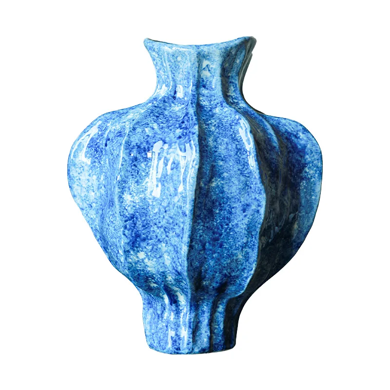 Blue Ceramic Vase with Fluted Texture Marbled Glaze Finish Modern Artistic Home Decor Living Room Flower Arrangement Centerpiece