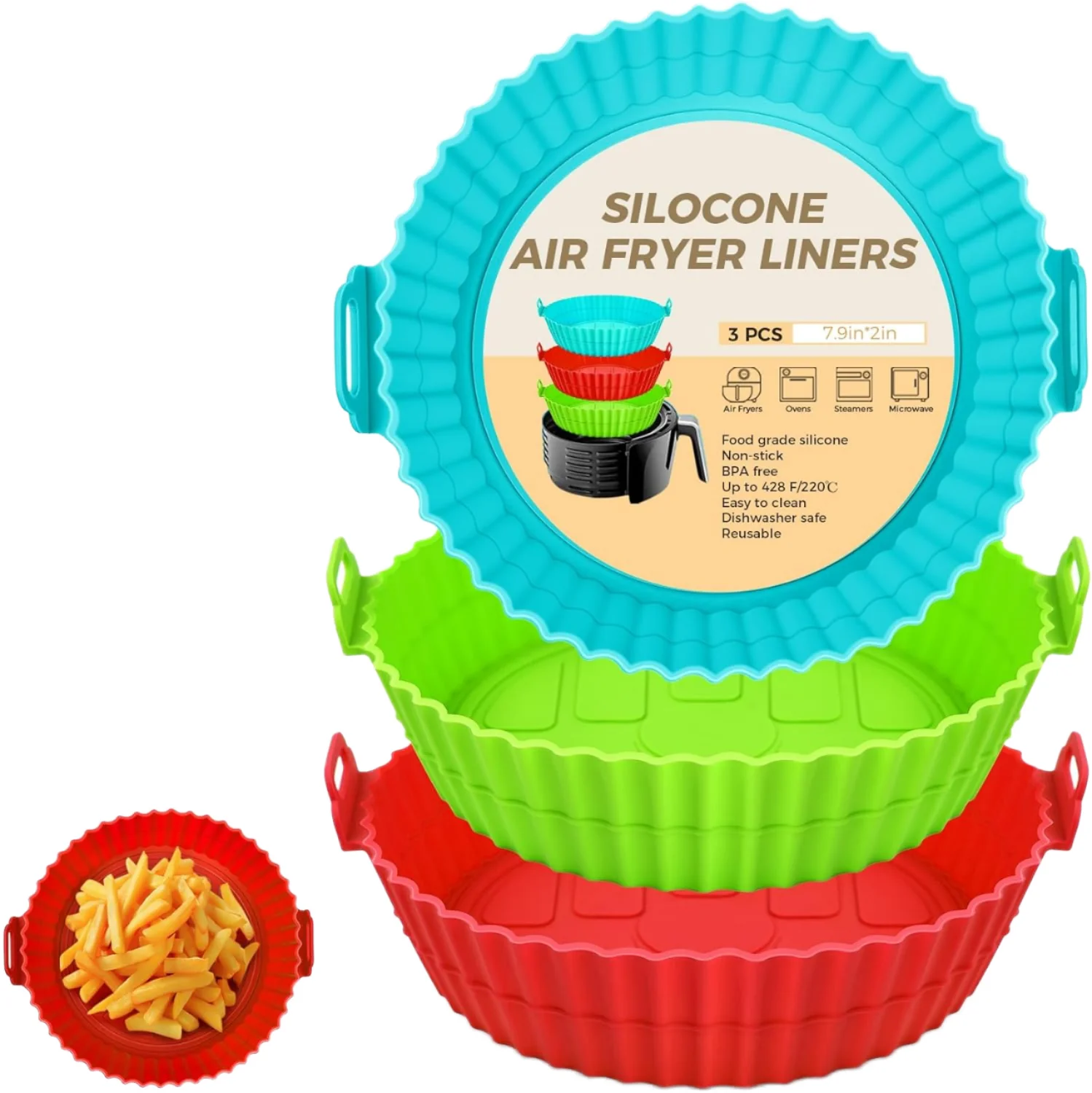 3er-Pack Silikon-Einsätze für Luftfritteusen (20 cm), wiederverwendbar, lebensmittelecht, ofenfest, spülmaschinengeeignet, antihaftbeschichtet – Zubehör für Backkörbe