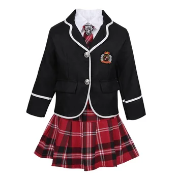 Kids Girls Long Sleeve Coat With Shirt Tie Mini Skirt Anime Chorus Costume British Korean Style Student School Uniform Set