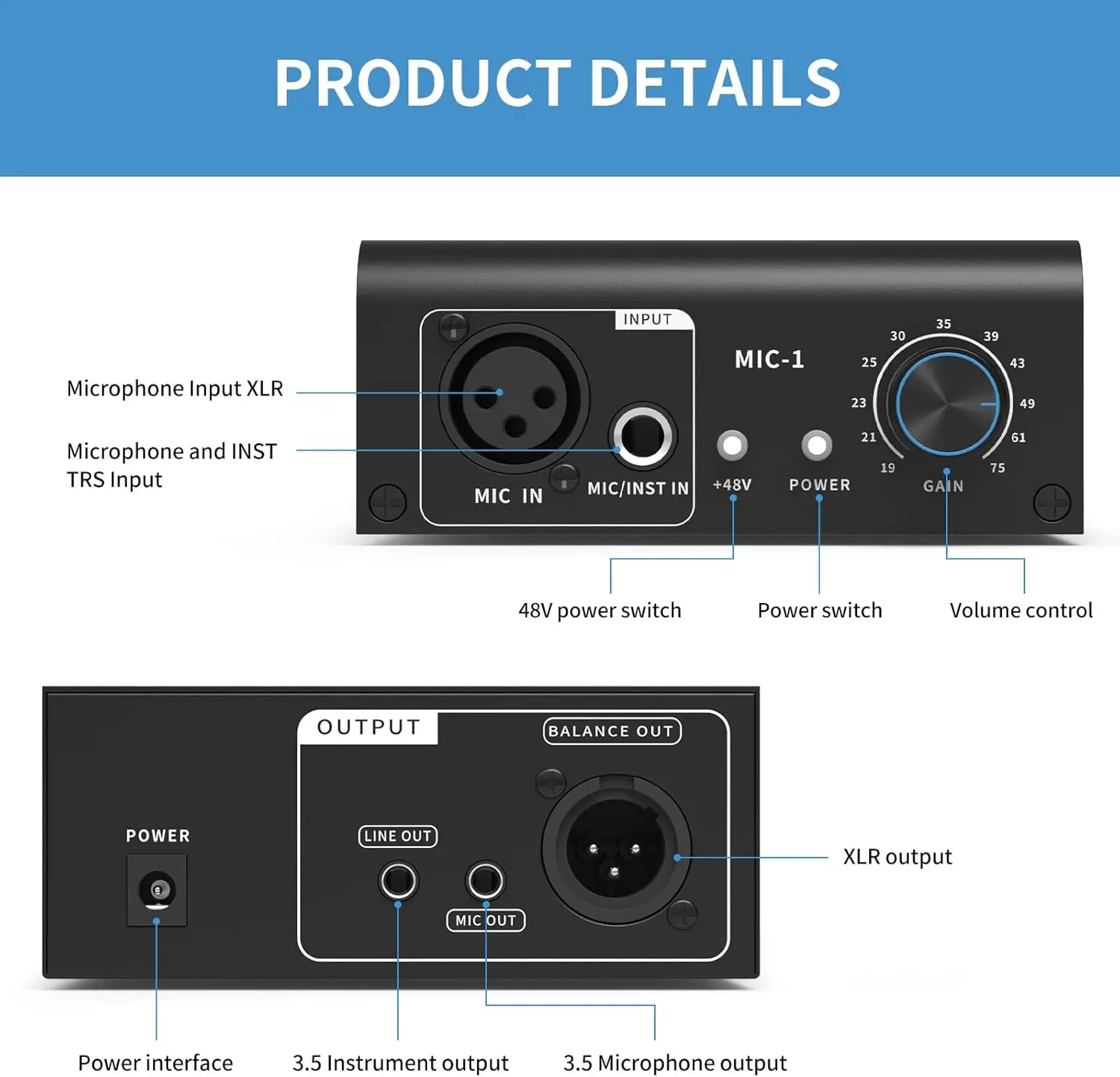 Préapli Icrophone, Préaplificateur De Icro Avec 3 Entrées, 60 DB Gain 48V Ic Booster Pour