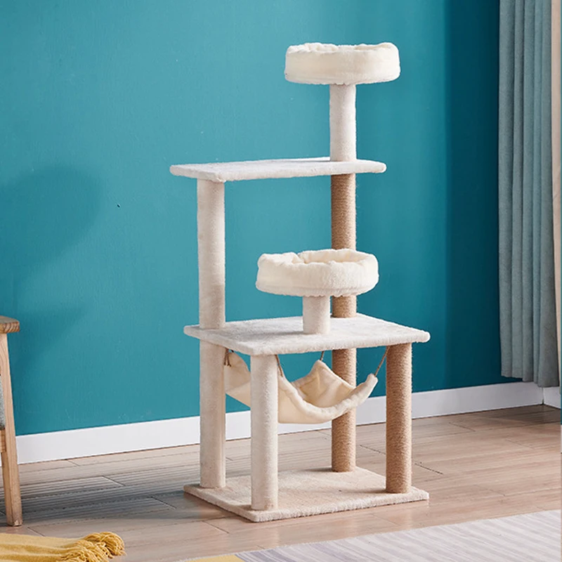 Factory Direct Sale Cat Tree Tower Short Plush Natural Sisal Pet Cat Climbing Stracher Wood Condo Furniture Scratching Post