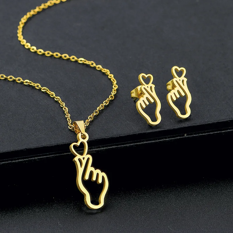 Korean Fashion Finger Heart Earrings Pendant Necklace