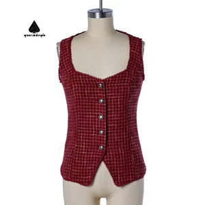 Customize Spring and Summer Tweed Plaid Front Button Vest Sleeveless Shirt Top Women's Casual Top